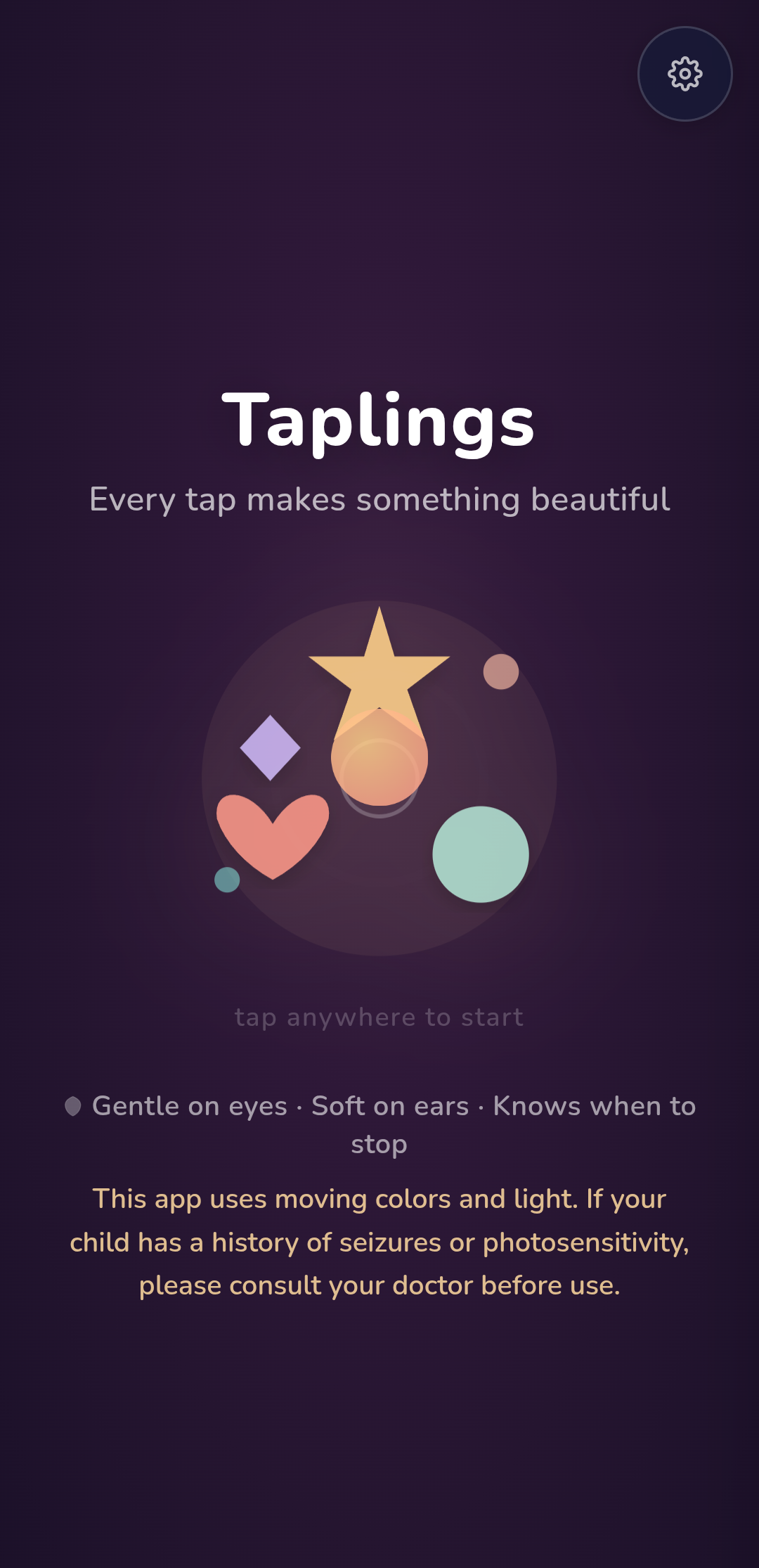 Taplings welcome screen with the app name, floating pastel shapes, and a photosensitivity note