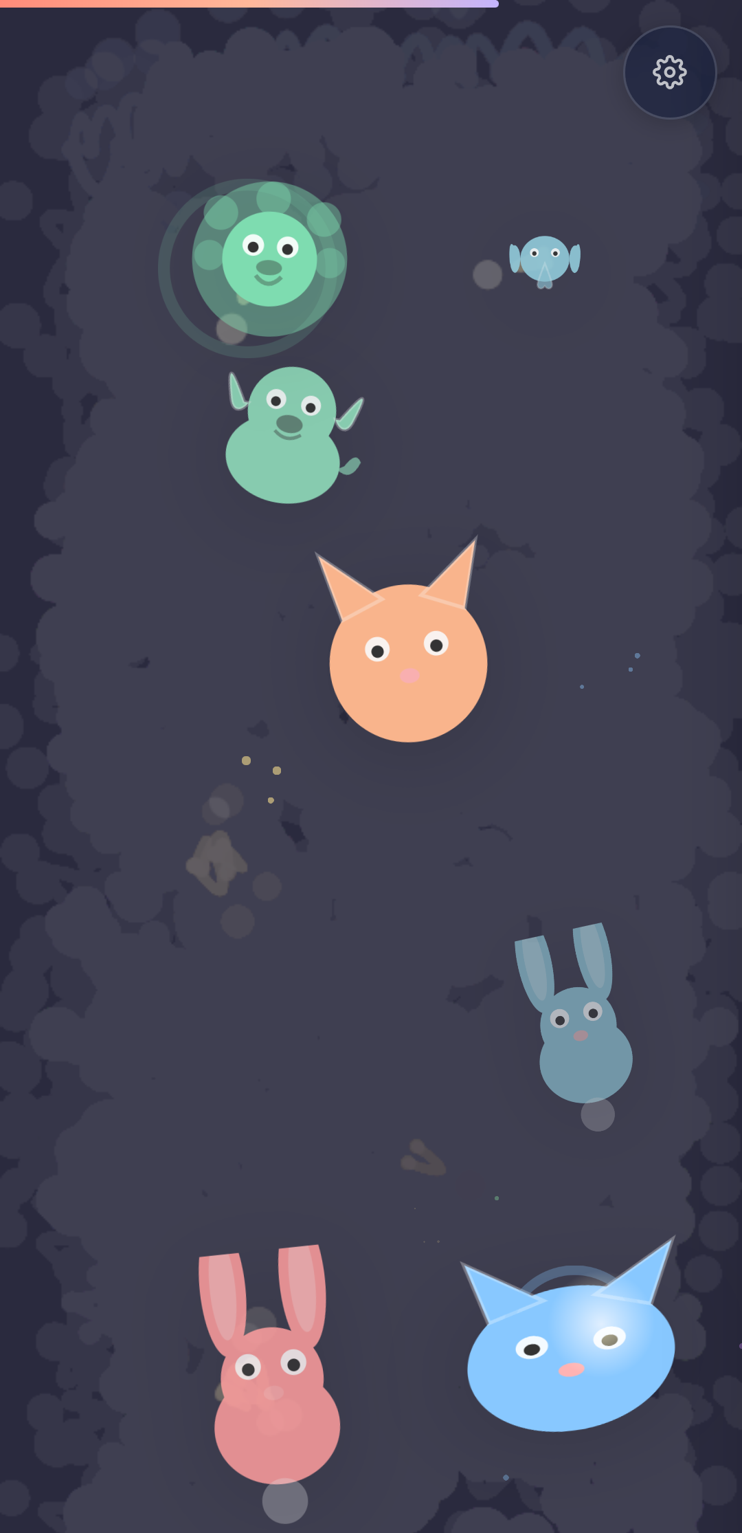 Gentle theme gameplay with a cat, rabbit, and other pastel creature shapes