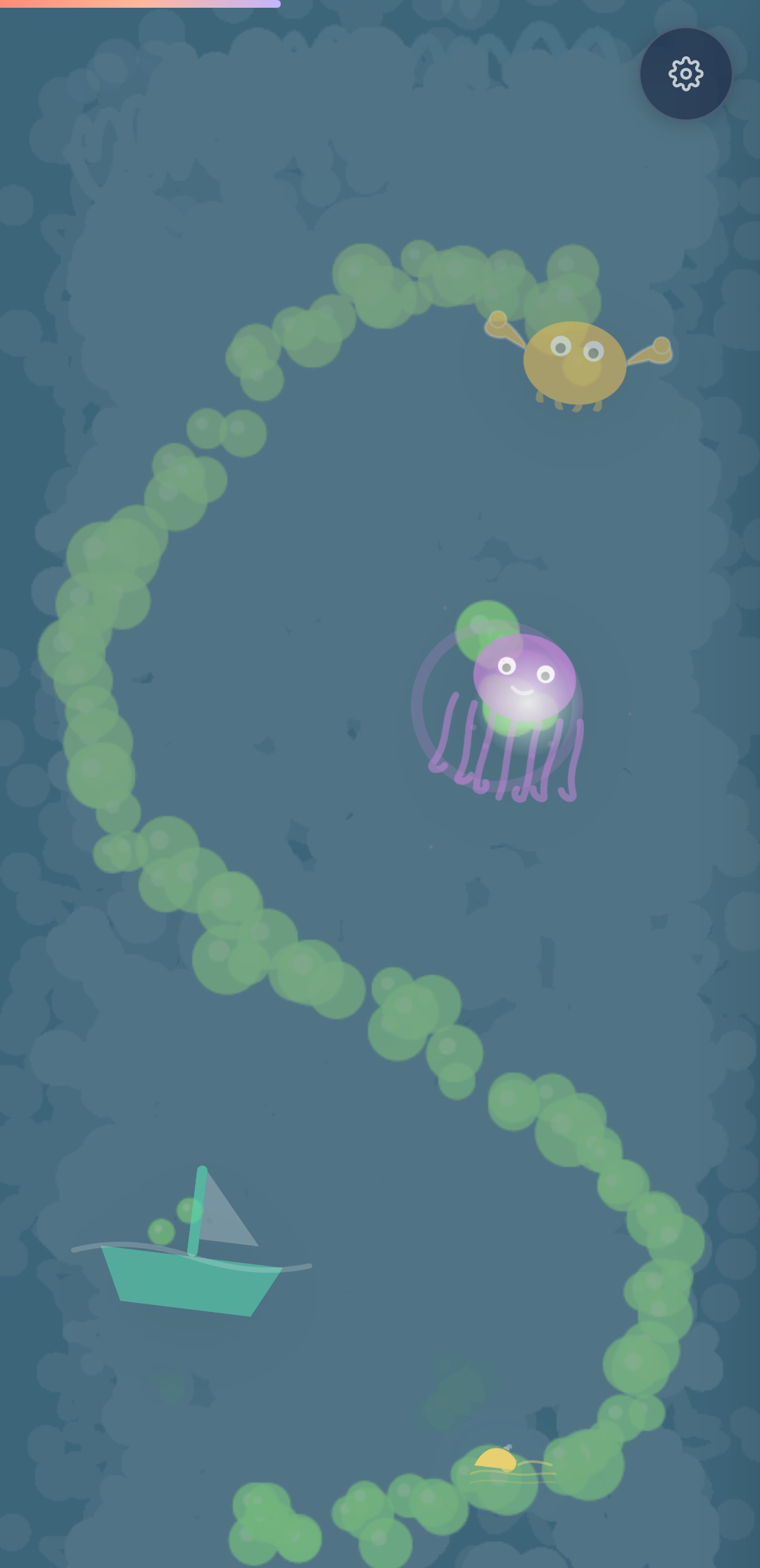 Bubbles theme with a glowing jellyfish, a crab, a boat, and a bubble trail