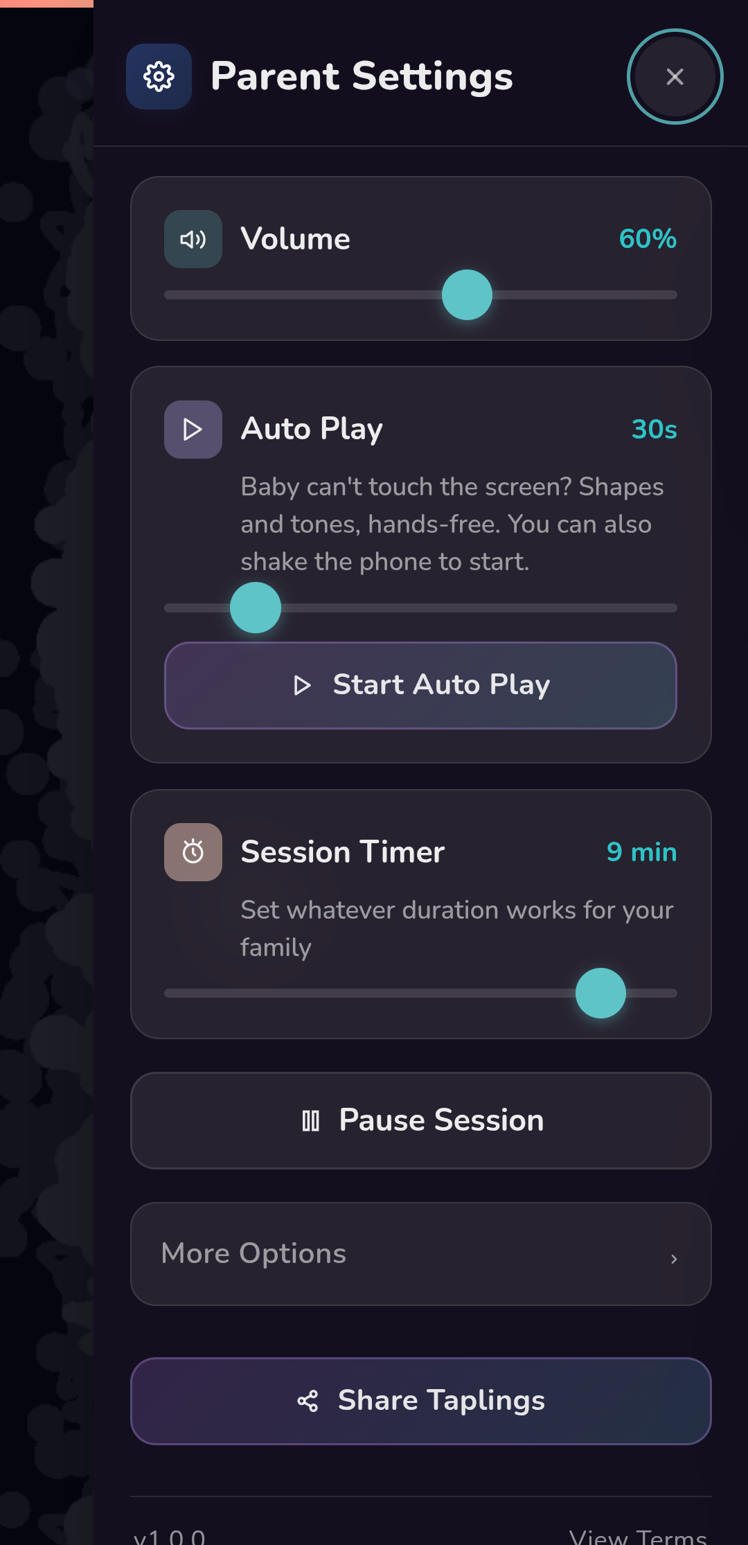 Parent settings panel with volume, Auto Play, and session timer controls