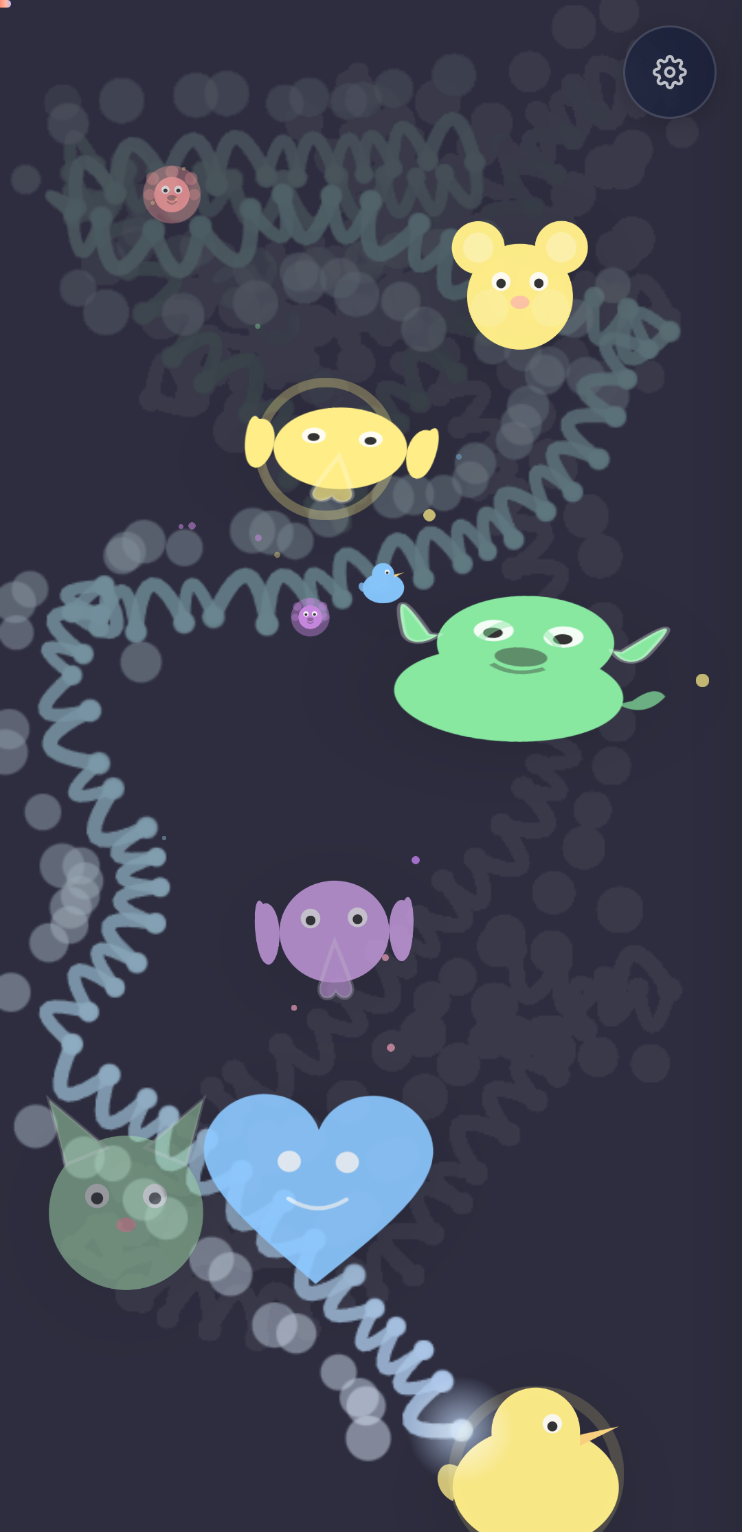 Gentle theme with many creature shapes and looping drawn trails generated hands-free during Auto Play